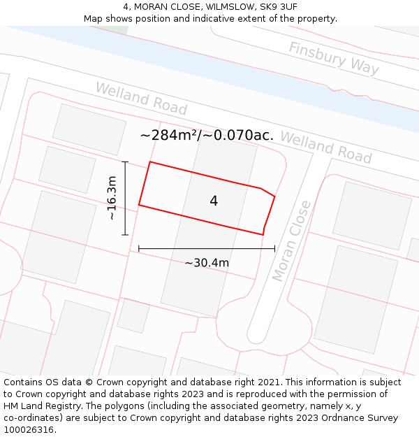 4, MORAN CLOSE, WILMSLOW, SK9 3UF: Plot and title map