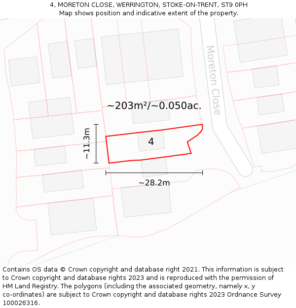 4, MORETON CLOSE, WERRINGTON, STOKE-ON-TRENT, ST9 0PH: Plot and title map