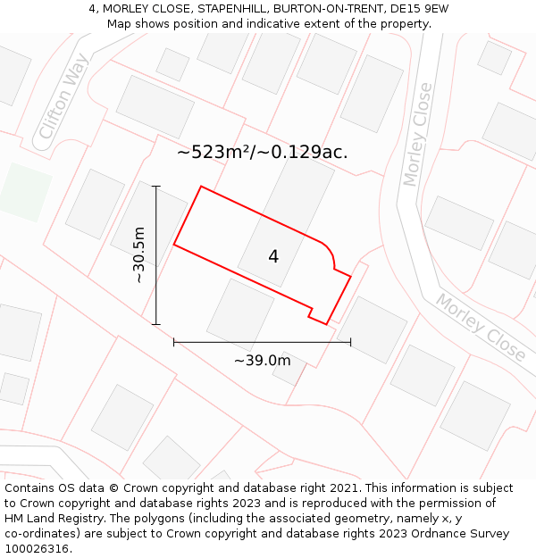 4, MORLEY CLOSE, STAPENHILL, BURTON-ON-TRENT, DE15 9EW: Plot and title map