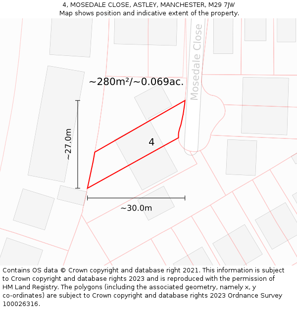 4, MOSEDALE CLOSE, ASTLEY, MANCHESTER, M29 7JW: Plot and title map