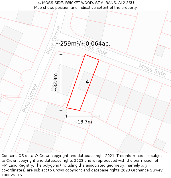 4, MOSS SIDE, BRICKET WOOD, ST ALBANS, AL2 3SU: Plot and title map