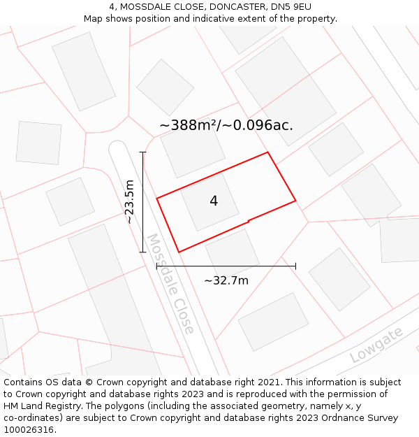 4, MOSSDALE CLOSE, DONCASTER, DN5 9EU: Plot and title map