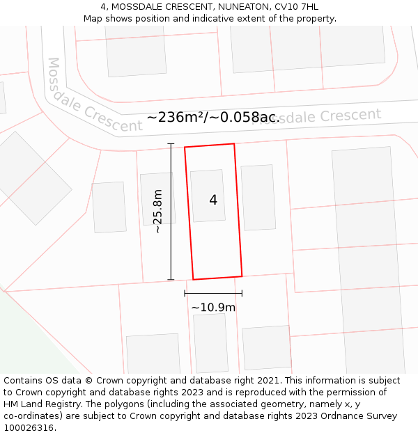 4, MOSSDALE CRESCENT, NUNEATON, CV10 7HL: Plot and title map