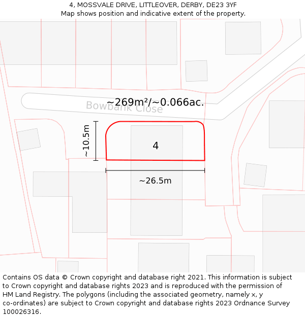 4, MOSSVALE DRIVE, LITTLEOVER, DERBY, DE23 3YF: Plot and title map