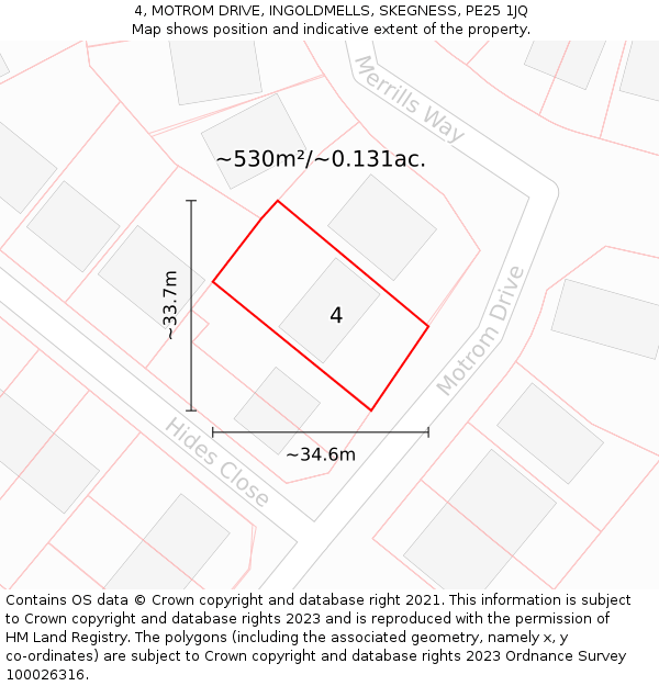 4, MOTROM DRIVE, INGOLDMELLS, SKEGNESS, PE25 1JQ: Plot and title map