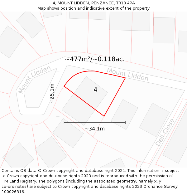 4, MOUNT LIDDEN, PENZANCE, TR18 4PA: Plot and title map