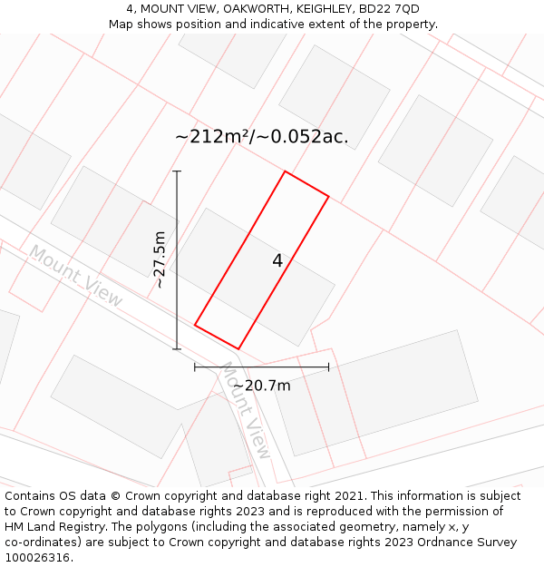 4, MOUNT VIEW, OAKWORTH, KEIGHLEY, BD22 7QD: Plot and title map