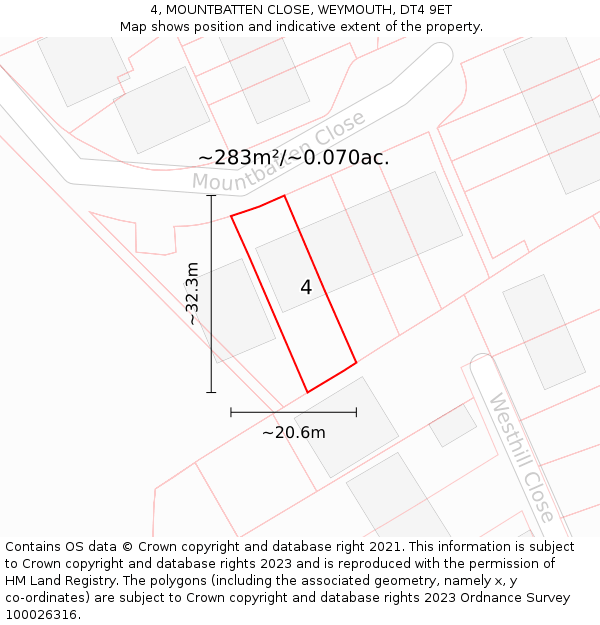 4, MOUNTBATTEN CLOSE, WEYMOUTH, DT4 9ET: Plot and title map
