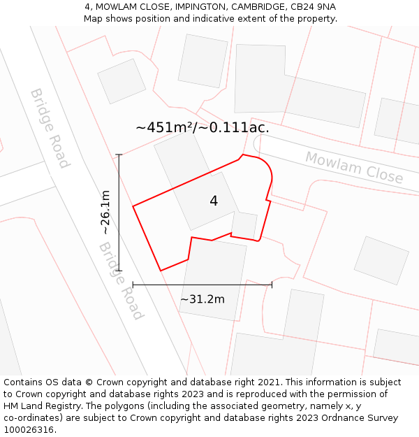 4, MOWLAM CLOSE, IMPINGTON, CAMBRIDGE, CB24 9NA: Plot and title map