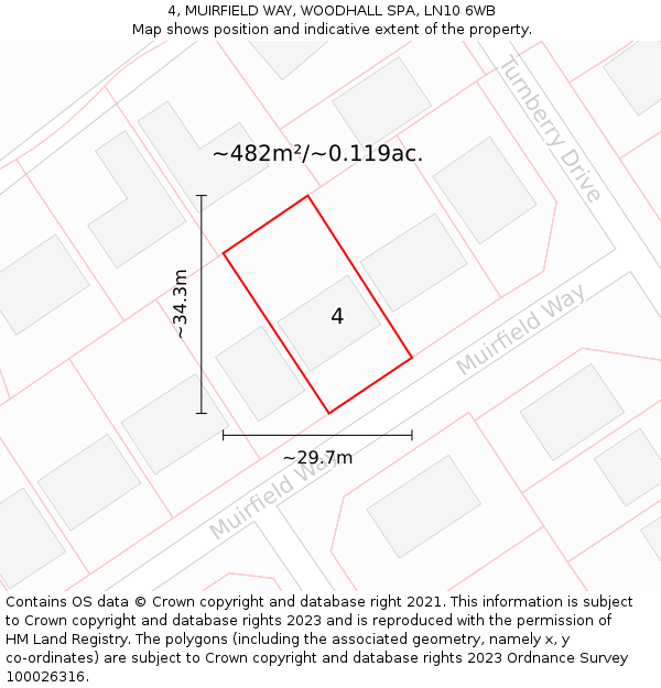 4, MUIRFIELD WAY, WOODHALL SPA, LN10 6WB: Plot and title map