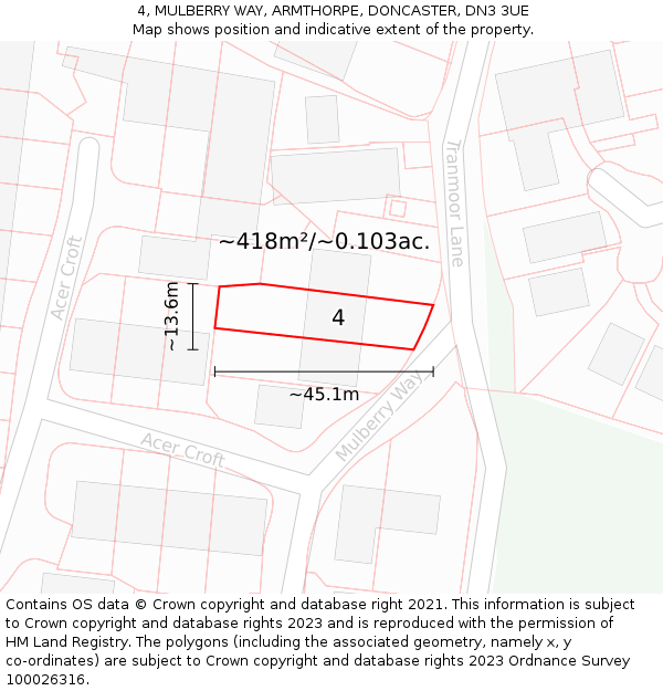 4, MULBERRY WAY, ARMTHORPE, DONCASTER, DN3 3UE: Plot and title map