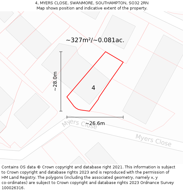 4, MYERS CLOSE, SWANMORE, SOUTHAMPTON, SO32 2RN: Plot and title map