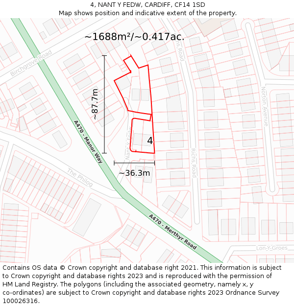 4, NANT Y FEDW, CARDIFF, CF14 1SD: Plot and title map