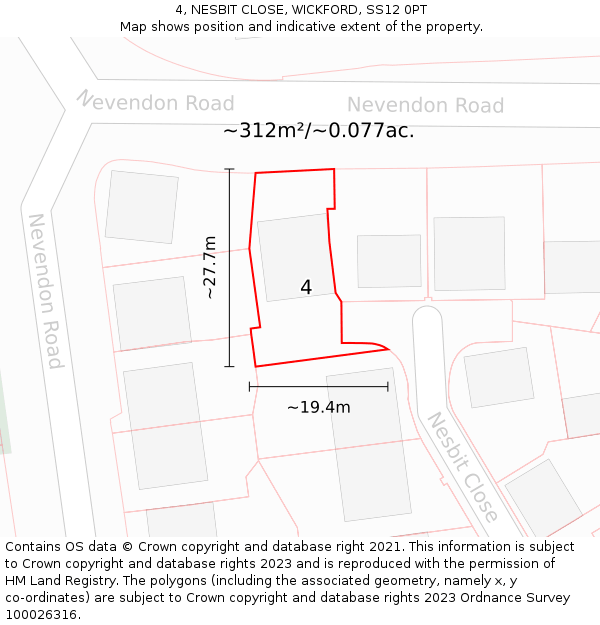 4, NESBIT CLOSE, WICKFORD, SS12 0PT: Plot and title map