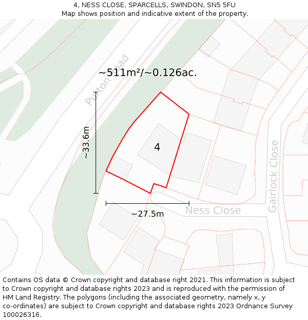 4, NESS CLOSE, SPARCELLS, SWINDON, SN5 5FU: Plot and title map