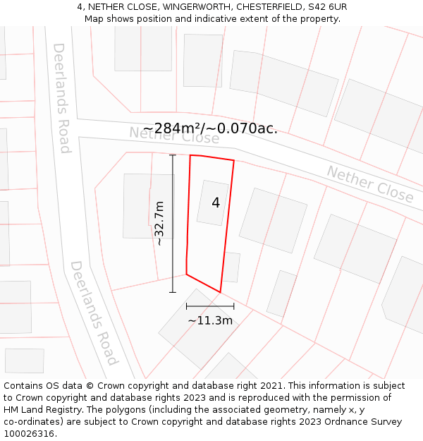 4, NETHER CLOSE, WINGERWORTH, CHESTERFIELD, S42 6UR: Plot and title map