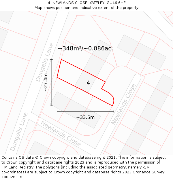 4, NEWLANDS CLOSE, YATELEY, GU46 6HE: Plot and title map