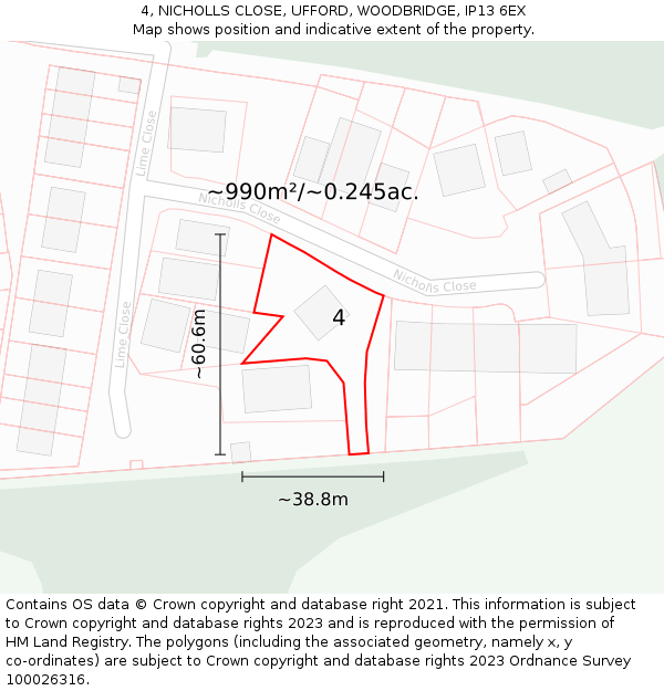 4, NICHOLLS CLOSE, UFFORD, WOODBRIDGE, IP13 6EX: Plot and title map
