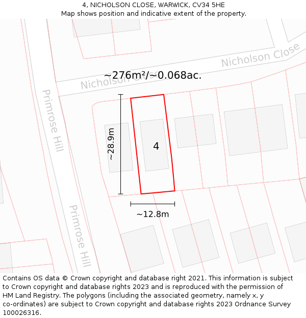 4, NICHOLSON CLOSE, WARWICK, CV34 5HE: Plot and title map