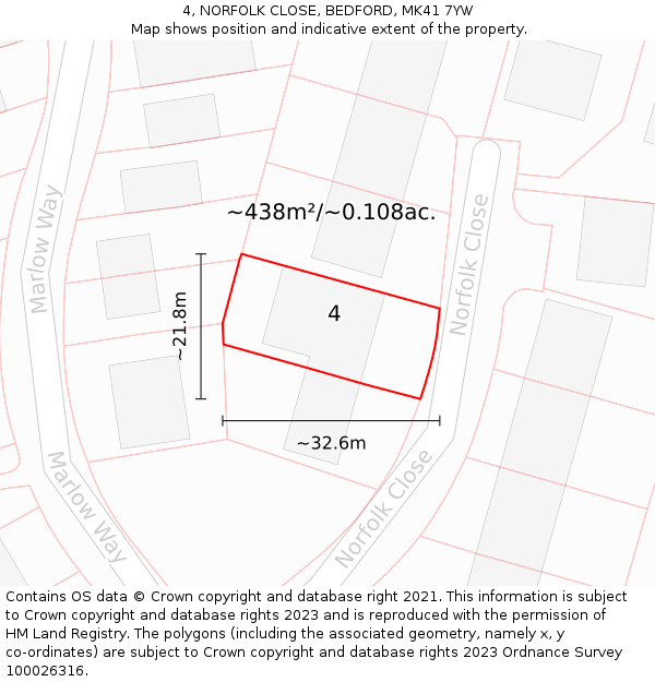 4, NORFOLK CLOSE, BEDFORD, MK41 7YW: Plot and title map