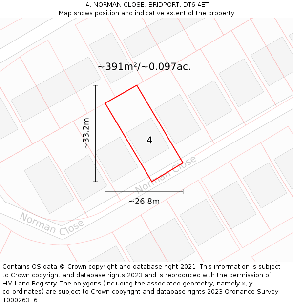 4, NORMAN CLOSE, BRIDPORT, DT6 4ET: Plot and title map