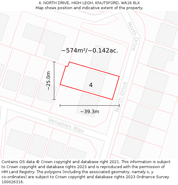 4, NORTH DRIVE, HIGH LEGH, KNUTSFORD, WA16 6LX: Plot and title map