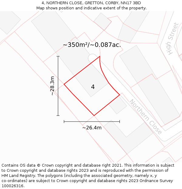4, NORTHERN CLOSE, GRETTON, CORBY, NN17 3BD: Plot and title map