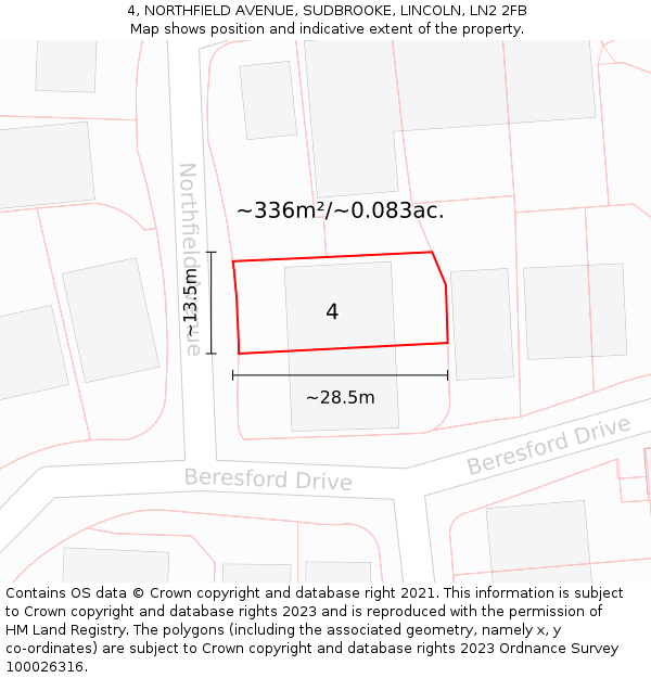 4, NORTHFIELD AVENUE, SUDBROOKE, LINCOLN, LN2 2FB: Plot and title map