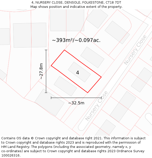 4, NURSERY CLOSE, DENSOLE, FOLKESTONE, CT18 7DT: Plot and title map