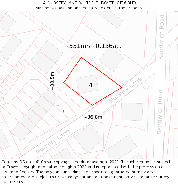 4, NURSERY LANE, WHITFIELD, DOVER, CT16 3HD: Plot and title map