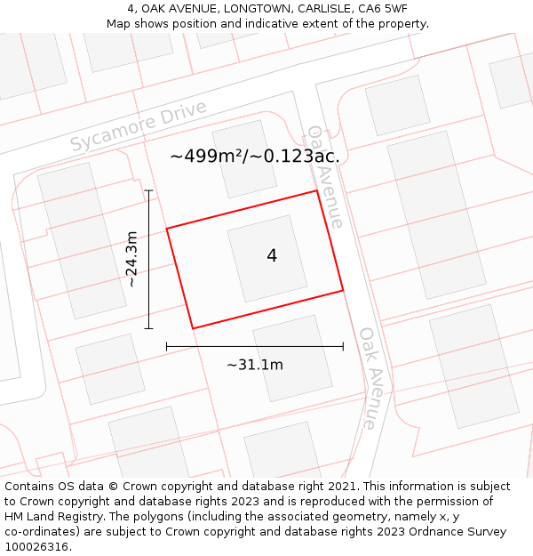 4, OAK AVENUE, LONGTOWN, CARLISLE, CA6 5WF: Plot and title map