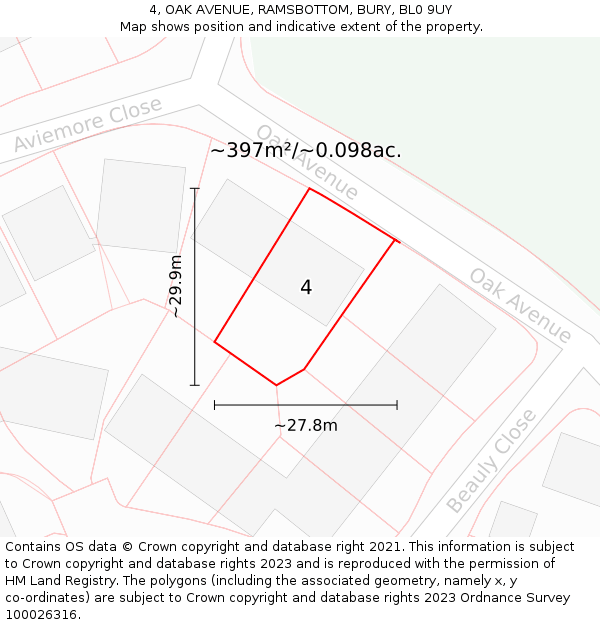 4, OAK AVENUE, RAMSBOTTOM, BURY, BL0 9UY: Plot and title map