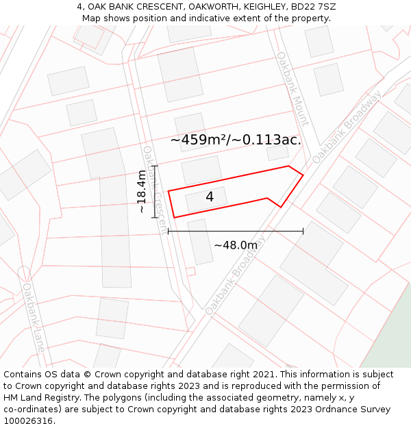 4, OAK BANK CRESCENT, OAKWORTH, KEIGHLEY, BD22 7SZ: Plot and title map
