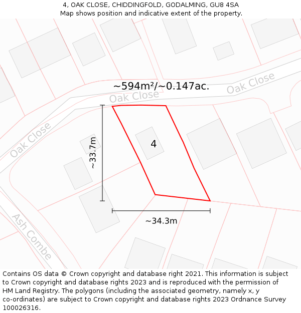 4, OAK CLOSE, CHIDDINGFOLD, GODALMING, GU8 4SA: Plot and title map