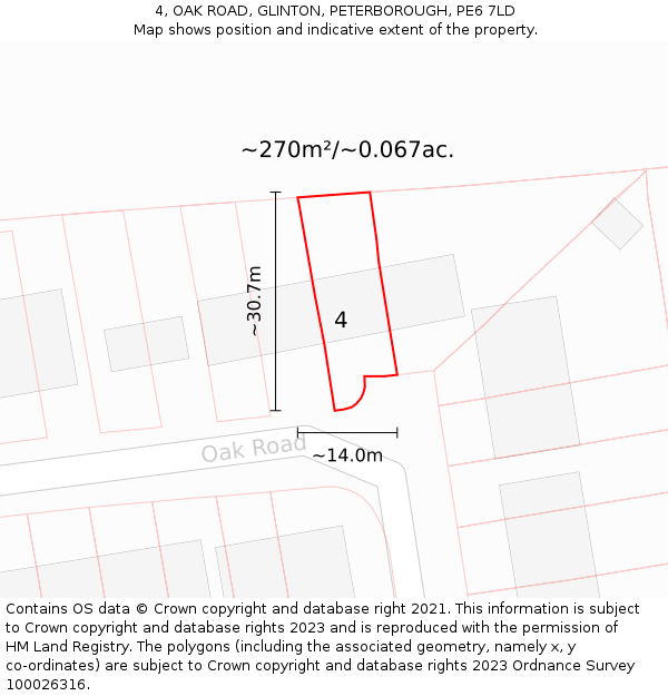 4, OAK ROAD, GLINTON, PETERBOROUGH, PE6 7LD: Plot and title map