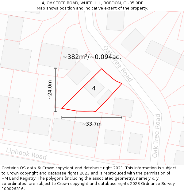 4, OAK TREE ROAD, WHITEHILL, BORDON, GU35 9DF: Plot and title map