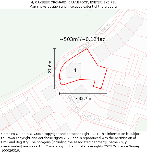 4, OAKBEER ORCHARD, CRANBROOK, EXETER, EX5 7BL: Plot and title map