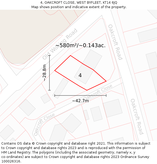 4, OAKCROFT CLOSE, WEST BYFLEET, KT14 6JQ: Plot and title map