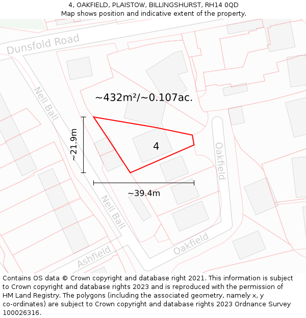 4, OAKFIELD, PLAISTOW, BILLINGSHURST, RH14 0QD: Plot and title map