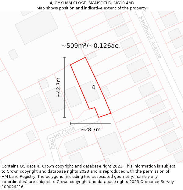 4, OAKHAM CLOSE, MANSFIELD, NG18 4AD: Plot and title map