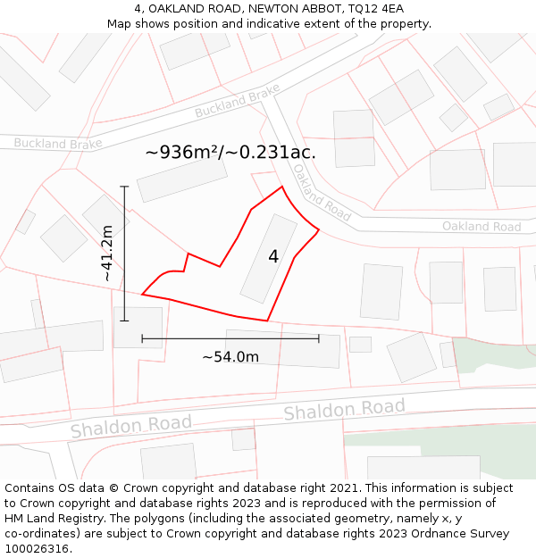 4, OAKLAND ROAD, NEWTON ABBOT, TQ12 4EA: Plot and title map