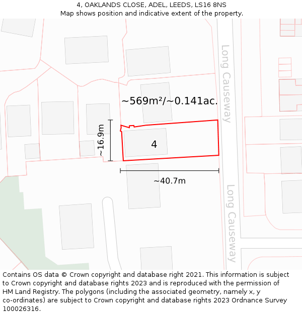 4, OAKLANDS CLOSE, ADEL, LEEDS, LS16 8NS: Plot and title map