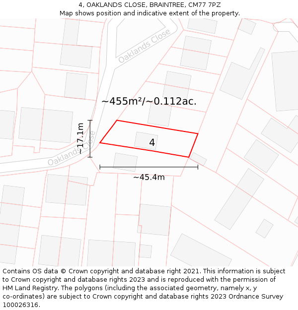 4, OAKLANDS CLOSE, BRAINTREE, CM77 7PZ: Plot and title map
