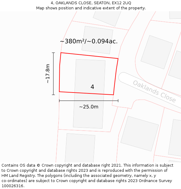 4, OAKLANDS CLOSE, SEATON, EX12 2UQ: Plot and title map