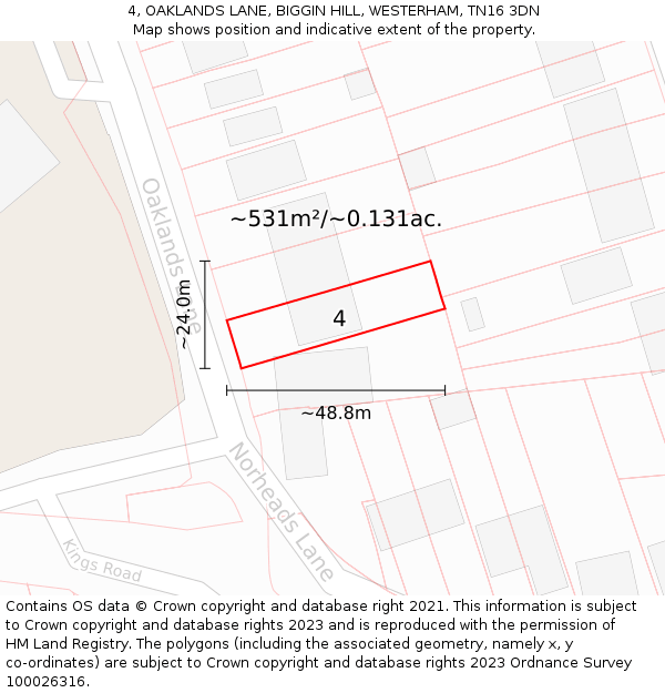 4, OAKLANDS LANE, BIGGIN HILL, WESTERHAM, TN16 3DN: Plot and title map