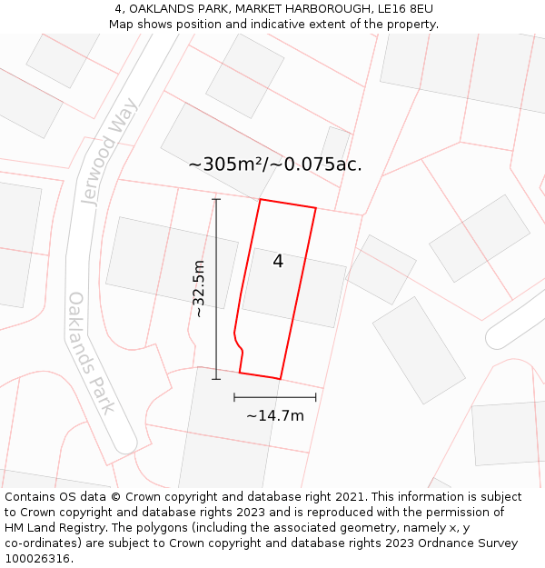 4, OAKLANDS PARK, MARKET HARBOROUGH, LE16 8EU: Plot and title map