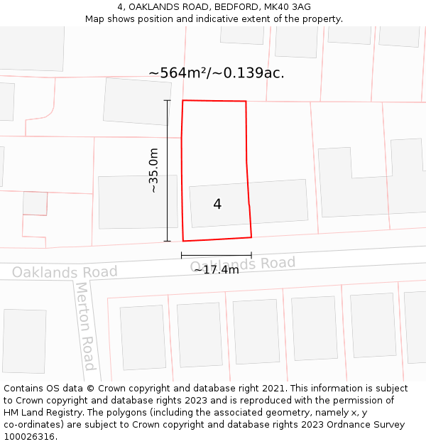 4, OAKLANDS ROAD, BEDFORD, MK40 3AG: Plot and title map