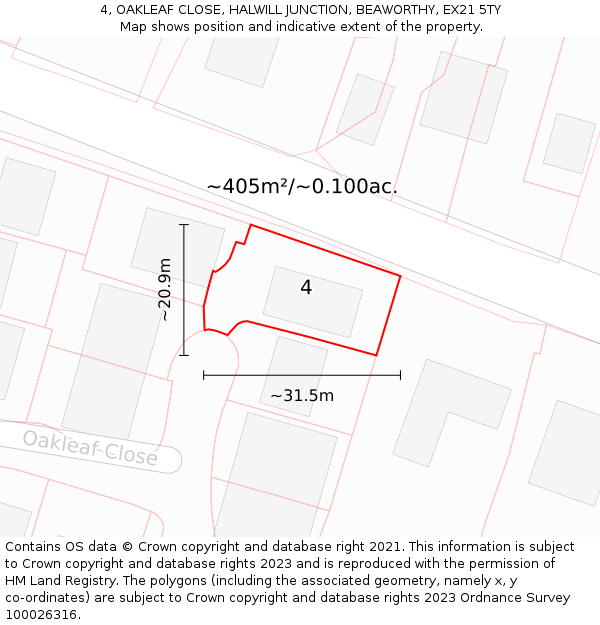 4, OAKLEAF CLOSE, HALWILL JUNCTION, BEAWORTHY, EX21 5TY: Plot and title map