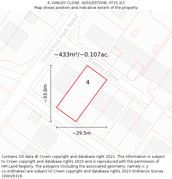 4, OAKLEY CLOSE, ADDLESTONE, KT15 2LT: Plot and title map