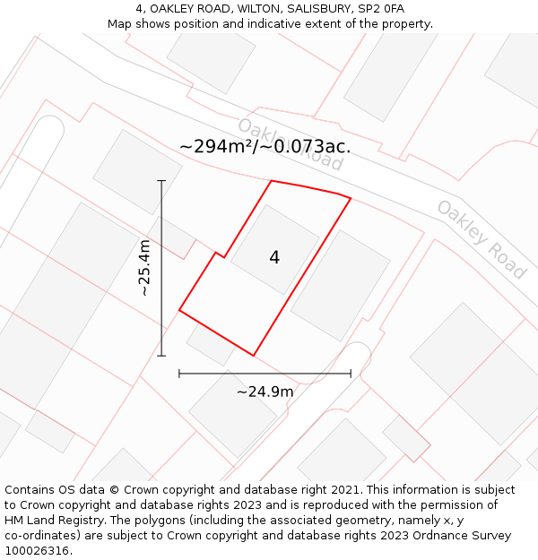 4, OAKLEY ROAD, WILTON, SALISBURY, SP2 0FA: Plot and title map